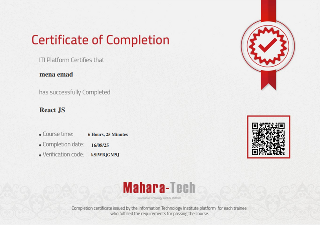 ReactJS Certificate Mena emad Sawares