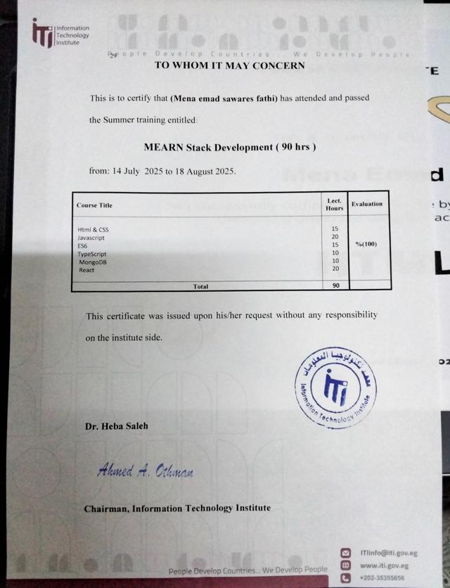 MEARN Stack Certificate Mena emad Sawares